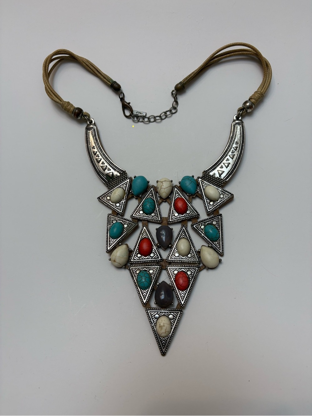 Boho Triangle Statement Necklace with Turquoise, Red and Cream Stones